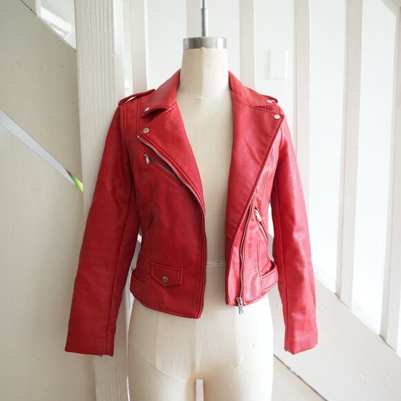 Zara TRF Red Faux Leather Moto Jacket • Size Small - Picture 1 of 3